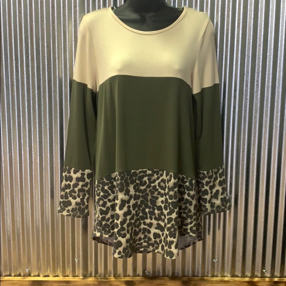 Leopard, olive and cream stripe top